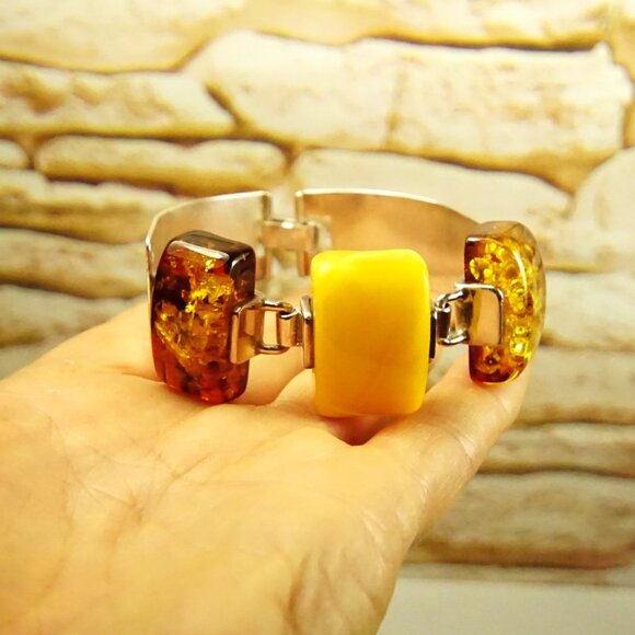 Unique Amber and 925 Silver Cuff Bracelet 6.75 - Picture 12 of 14
